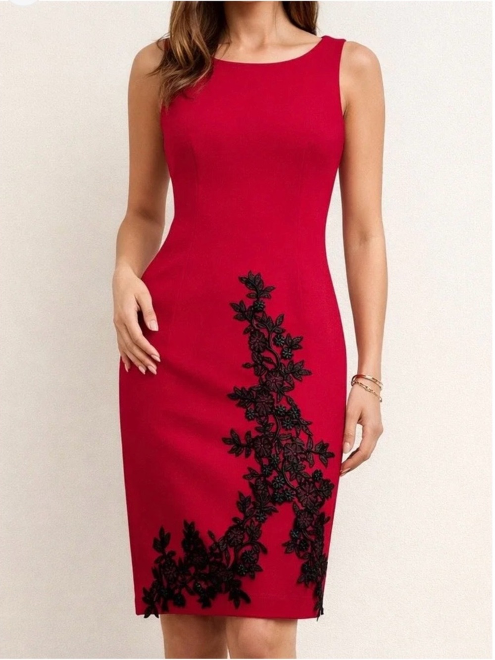 Ivanka Trump Red Midi Sheath Dress with Black Floral Lace